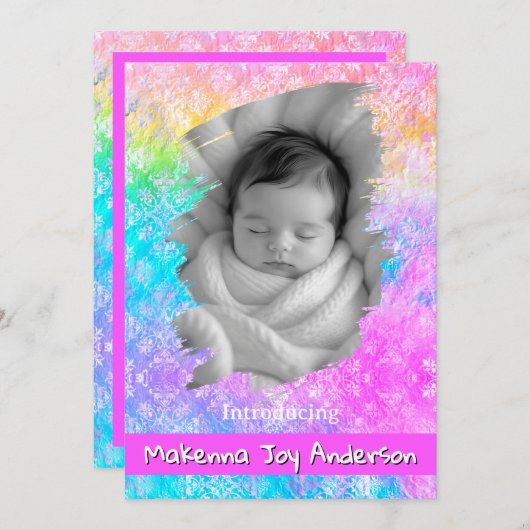 [Rainbow Damask] Soft Pastels Baby Girl Birth Aankondiging (Voorkant / Achterkant)