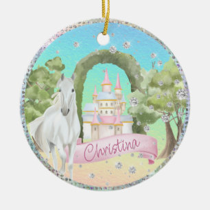 Rainbow Diamonds Fairy Tale Castle & White Horse Keramisch Ornament