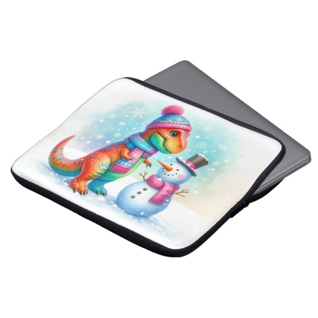 Rainbow Dino Winter Wonderland Laptop Sleeve (Voorkant top)