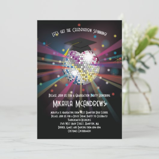 Rainbow Disco Ball Graduation Party Invitation Kaart (Staand voorkant)