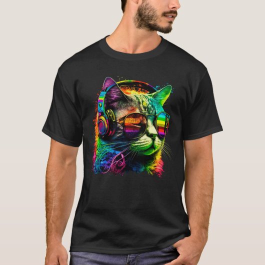 Rainbow Dj-kat met hoofdtelefoon en zonnebrillen T-shirt (Voorkant)