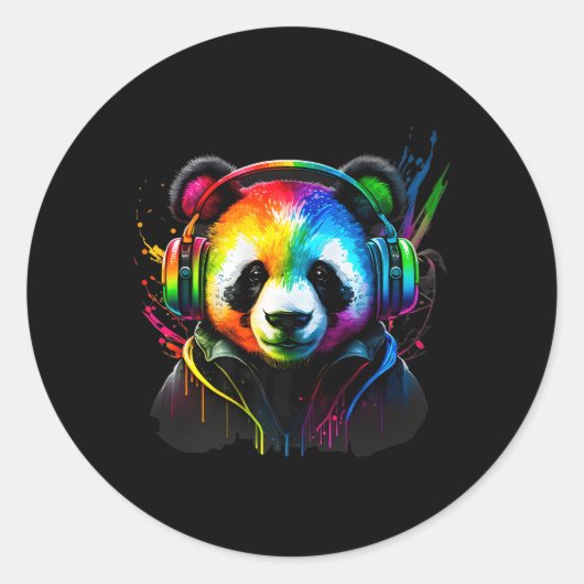 Rainbow DJ Panda Hoofdtelefoon Muziek Ronde Sticker (Voorkant)