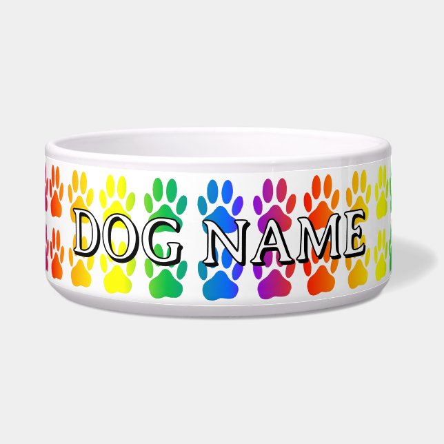 Rainbow Dog Paw Print Aangepaste naam Voerbakje (Voorkant)