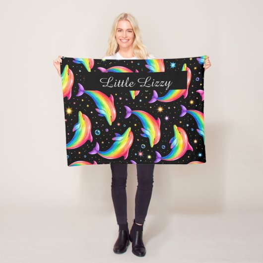 Rainbow Dolphin Fleece Blanket – Kids Custom Name (In situ)