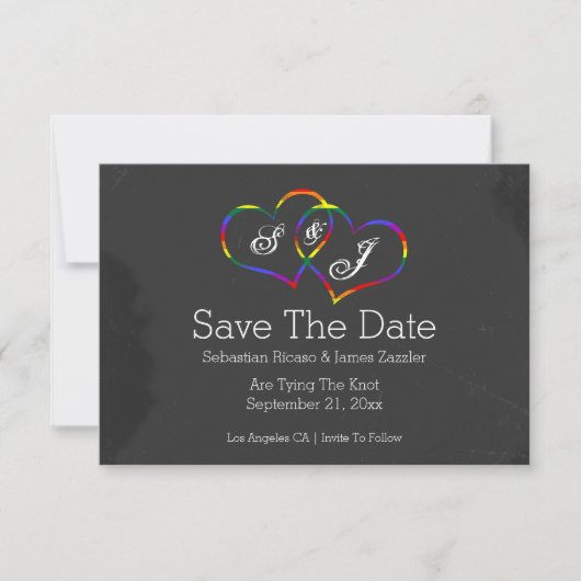 Rainbow Doodle Heart Chalkboard Gay Save the Date (Voorkant)