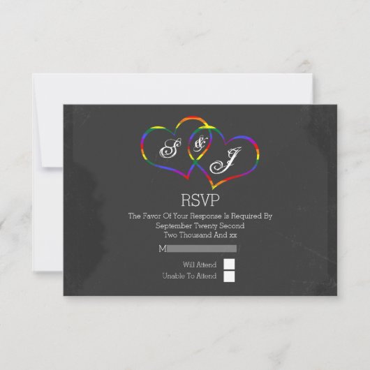 Rainbow Doodle Heart Chalkboard Gay Wedding RSVP Kaartje (Voorkant)