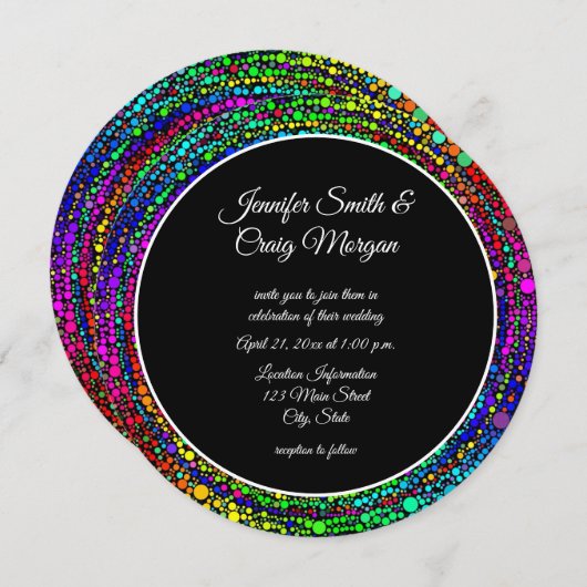 Rainbow Dot Spiral Pattern Black and White Wedding Kaart (Voorkant / Achterkant)