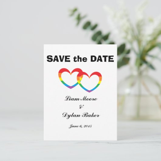 "Rainbow Double Hearts" Save the Date Briefkaarten (Staand voorkant)