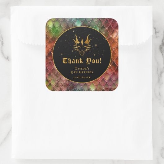 Rainbow Dragon Scales Gouden Verjaardag Dank u Vierkante Sticker (Tas)