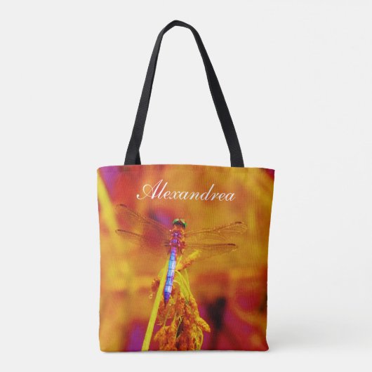 Rainbow Dragonfly Oranje roze achtergrond met naam Tote Bag (Achterkant)