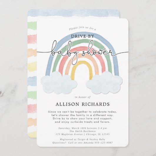 Rainbow drive-by drive door baby shower kaart (Voorkant / Achterkant)