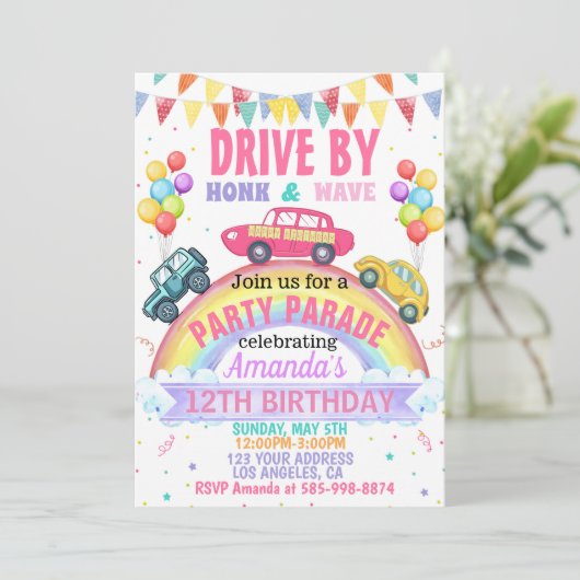 Rainbow-drive op uitnodiging van de Birthday Parad (Staand voorkant)