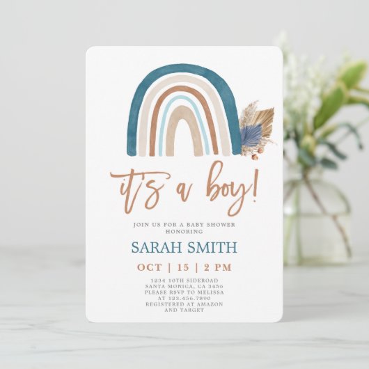 Rainbow Dusty Blue boho Baby shower boy Kaart (Staand voorkant)