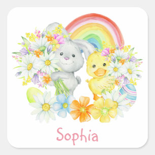 Rainbow Easter Bunny en Chick Vierkante Sticker