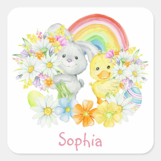 Rainbow Easter Bunny en Chick Vierkante Sticker (Voorkant)