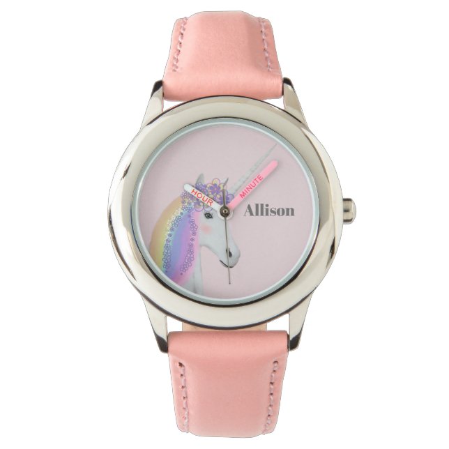 Rainbow Eenhoorn Bloemen Roze Gepersonaliseerde Me Horloge (Voorkant)