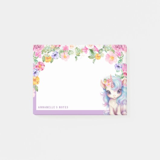Rainbow Eenhoorn Custom Name Floral Kinder School Post-it® Notes (Voorkant)
