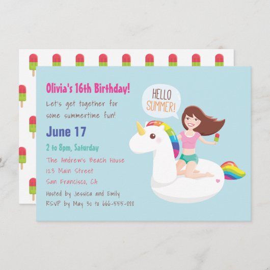 Rainbow Eenhoorn Float Zomer Verjaardagsfeest Kaart (Voorkant / Achterkant)