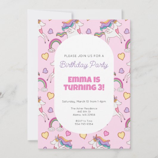 Rainbow Eenhoorn Meisjes Verjaardag Party Uitnodig Kaart (Voorkant)