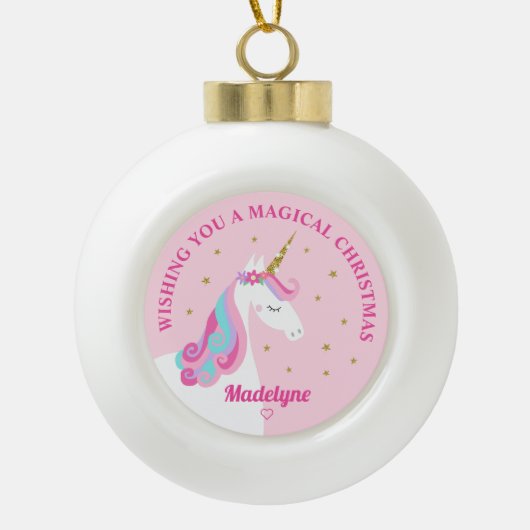Rainbow Eenhoorn Roze Gepersonaliseerde Kerstmis Keramische Bal Ornament (Voorkant)