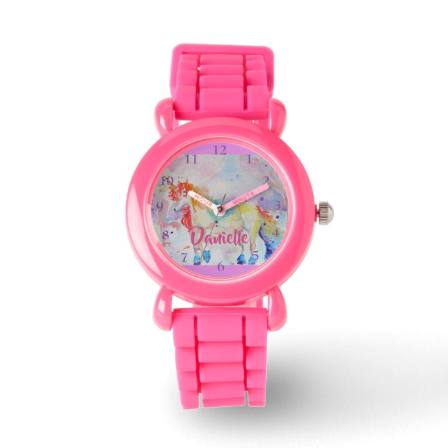 Rainbow Eenhoorn Roze Glitter Meisjes Naam Watch Horloge (Voorkant)