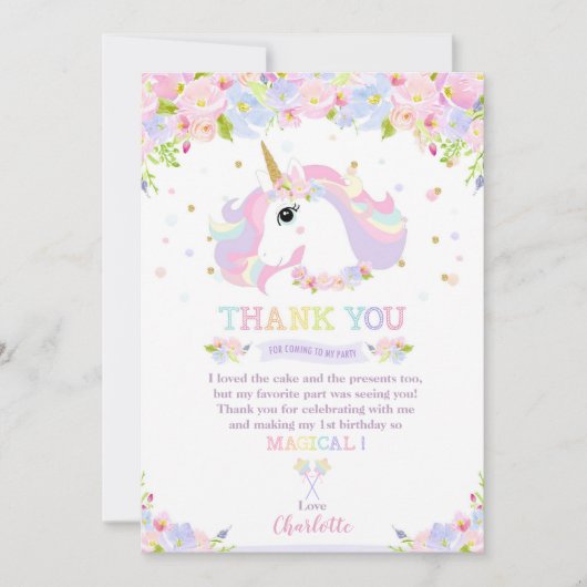 Rainbow Eenhoorn Verjaardag Dank u  Bloemen Kaart (Voorkant)