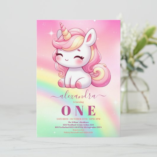 Rainbow Eenhoorn Verjaardag Uitnodiging 1e (Staand voorkant)