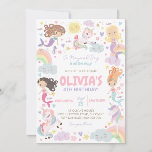 Rainbow Eenhoorn Zeemeermin Verjaardag Uitnodiging (Voorkant)
