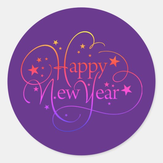 Rainbow Elegant Happy New Year Script Ronde Sticker (Voorkant)