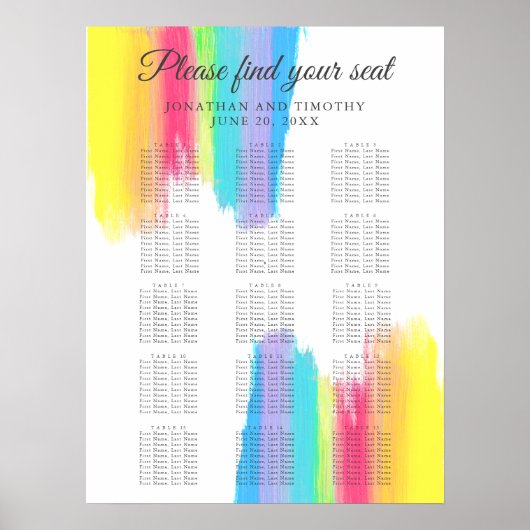 Rainbow Elegant LGBTQ Wedding Table Seating Chart Poster (Voorkant)