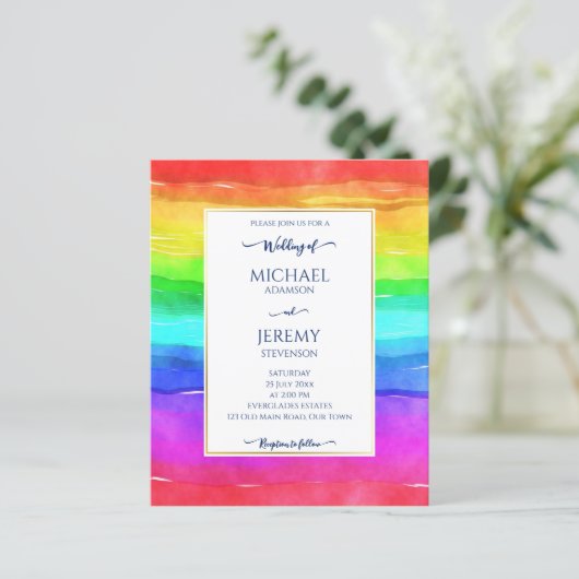 Rainbow elegant qr code budget bruiloft uitnodigin (Staand voorkant)