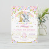 Rainbow Elephant 1st Birthday Invitation Girl Kaart (Staand voorkant)