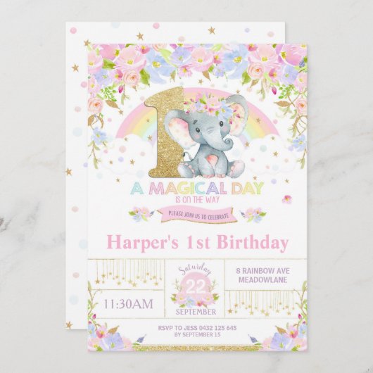 Rainbow Elephant 1st Birthday Invitation Girl Kaart (Voorkant / Achterkant)