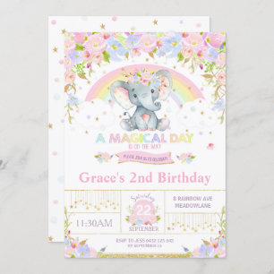 Rainbow Elephant Birthday Party Invitation Girl Kaart