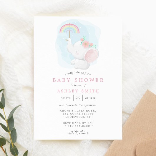 Rainbow Elephant Waterverf Girl Baby shower Kaart