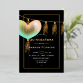 Rainbow en Gold en Black Quinceañera Folie Uitnodiging (Staand Voorkant)