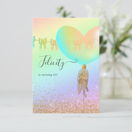 Rainbow en Gold en roze Birthday Party Invitation Kaart (Staand voorkant)