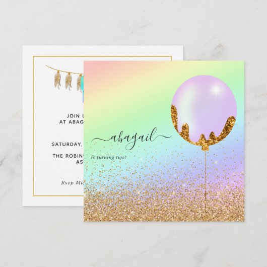 Rainbow en Gold en roze Birthday Party Invitation Kaart (Voorkant / Achterkant)