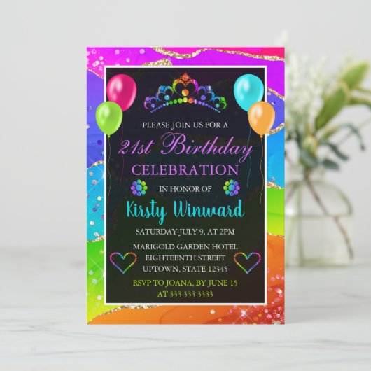 Rainbow en Gold Glitter Agate Birthday Party Kaart (Staand voorkant)