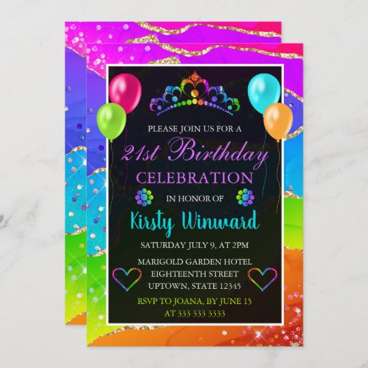 Rainbow en Gold Glitter Agate Birthday Party Kaart (Voorkant / Achterkant)