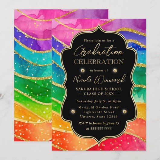 Rainbow en Gold Glitter Alcohol Ink Afstuderen Kaart (Voorkant / Achterkant)