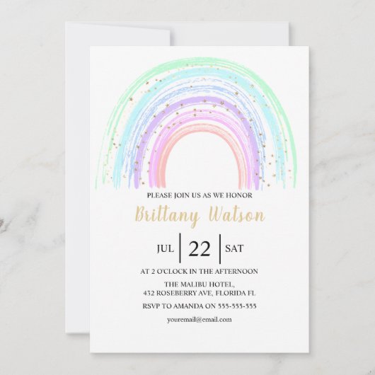 Rainbow en Gold Stars Baby shower Invitation Kaart (Voorkant)