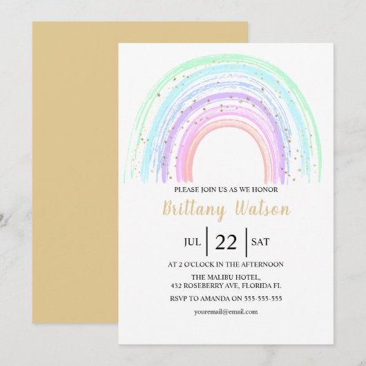 Rainbow en Gold Stars Baby shower Invitation Kaart (Voorkant / Achterkant)