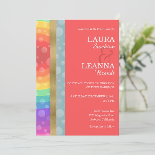 Rainbow en Gold Wedding Invitation Kaart (Staand voorkant)