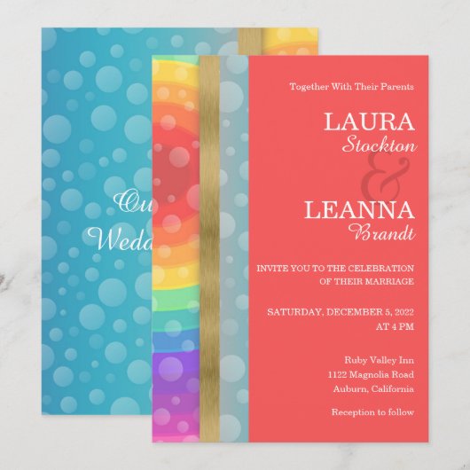 Rainbow en Gold Wedding Invitation Kaart (Voorkant / Achterkant)
