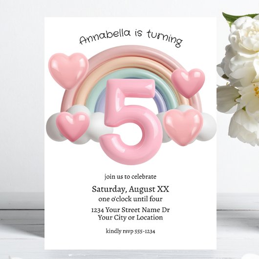 Rainbow en Hartjes 3D 5e Verjaardagsfeestje Kaart