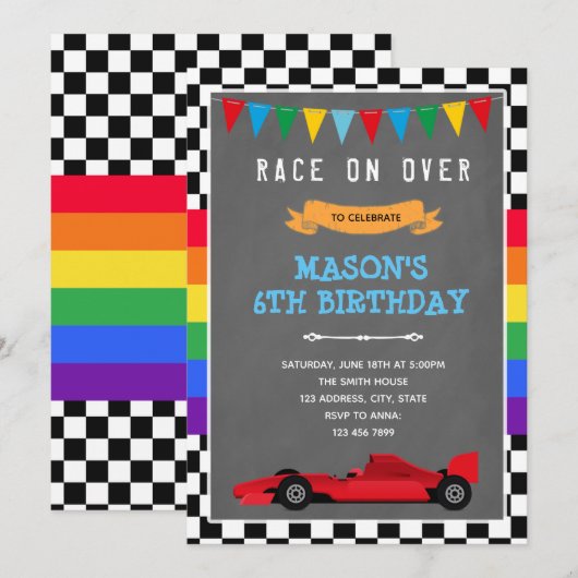 Rainbow en race autoverjaardag Uitnodiging (Voorkant / Achterkant)