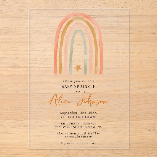 Rainbow en Star Boho Baby Sprinkle Shower Acryl Uitnodigingen (Voorkant)