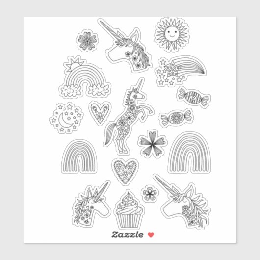 Rainbow en Unicorn Line Art Tekening Sticker (Vel)