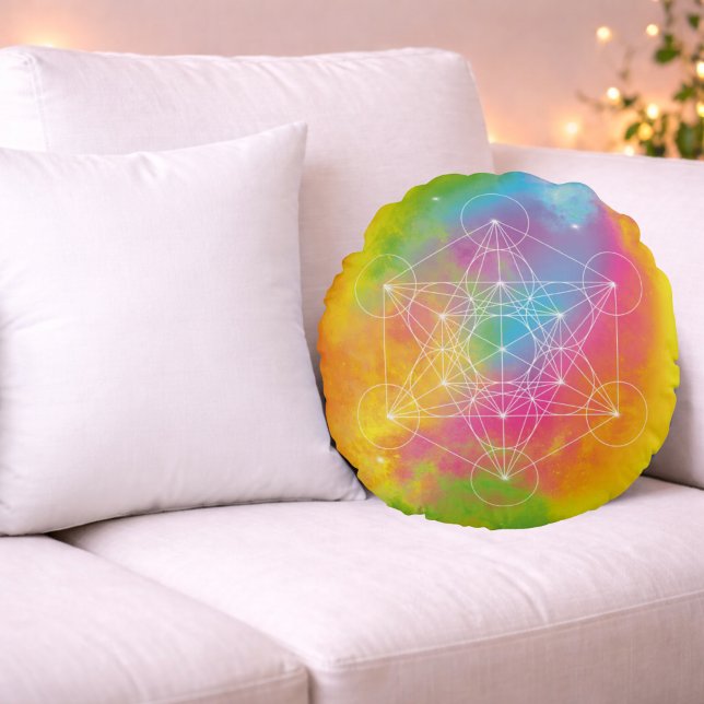 Rainbow Energie – Metatron's Kubus Heilige Geometr Rond Kussen (Creator heeft geüpload)
